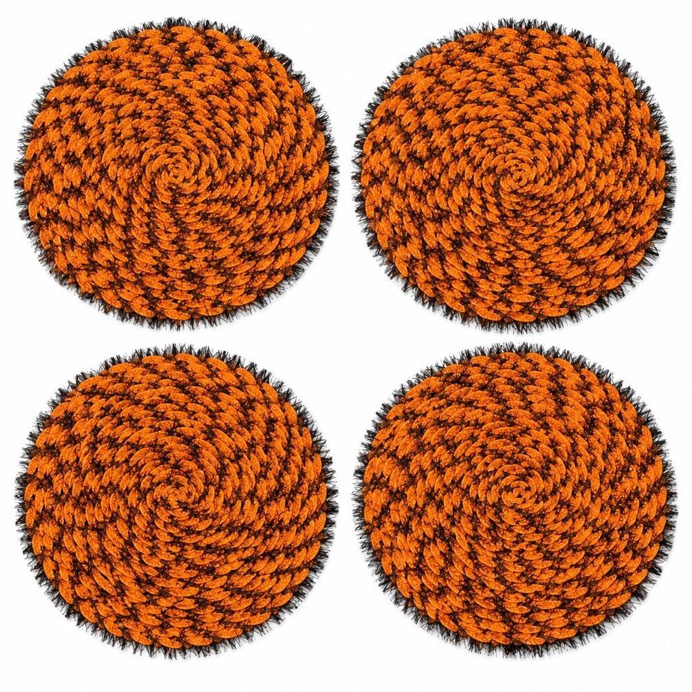 Pier 1 Set of 4 Orange Black Round Placemats Metallic Yarn Halloween Fall 15”
